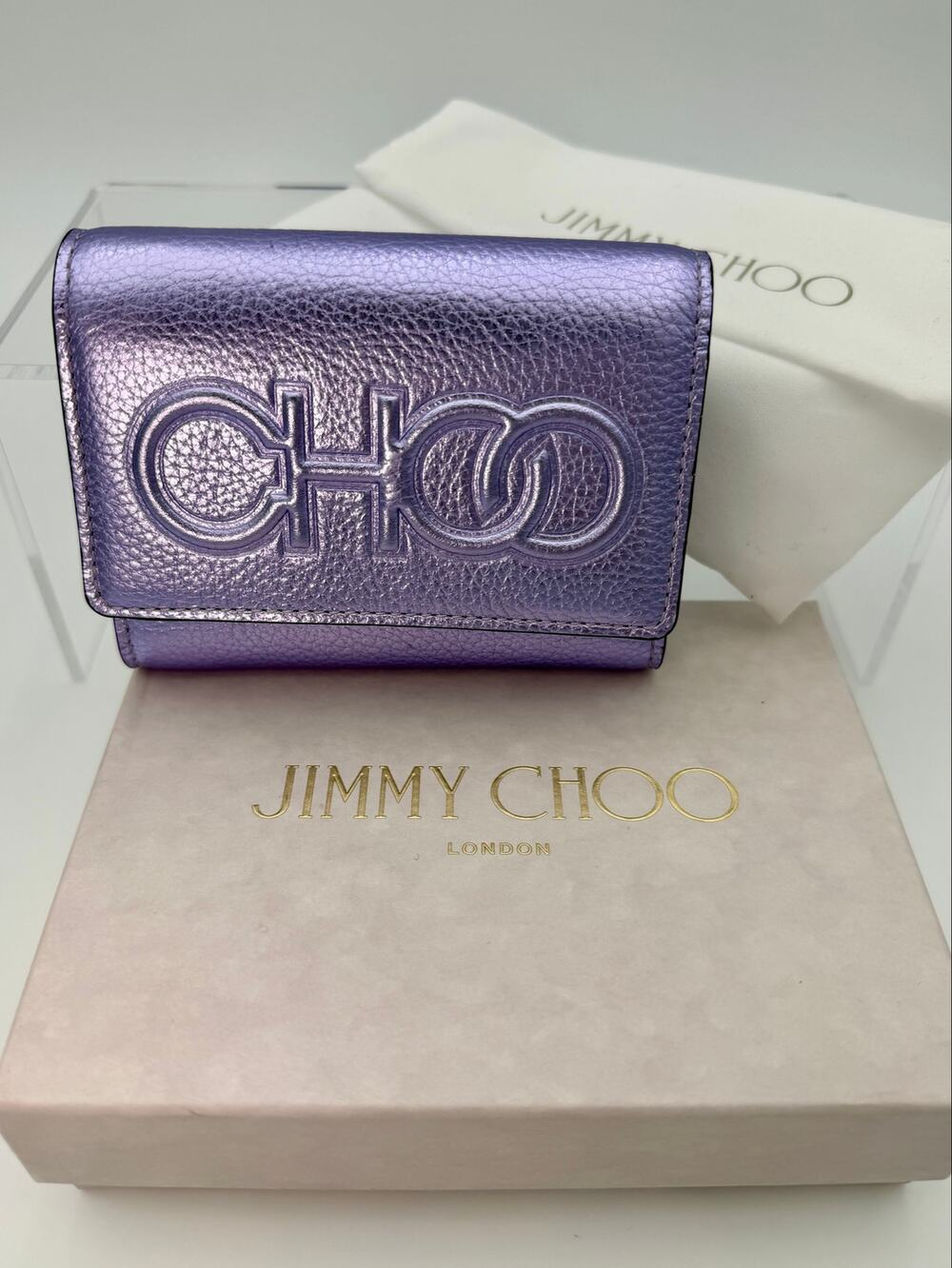 Jimmy Choo Loni Wallet Purple Metallic Leather Embossed Logo Tri-Fold Card Case